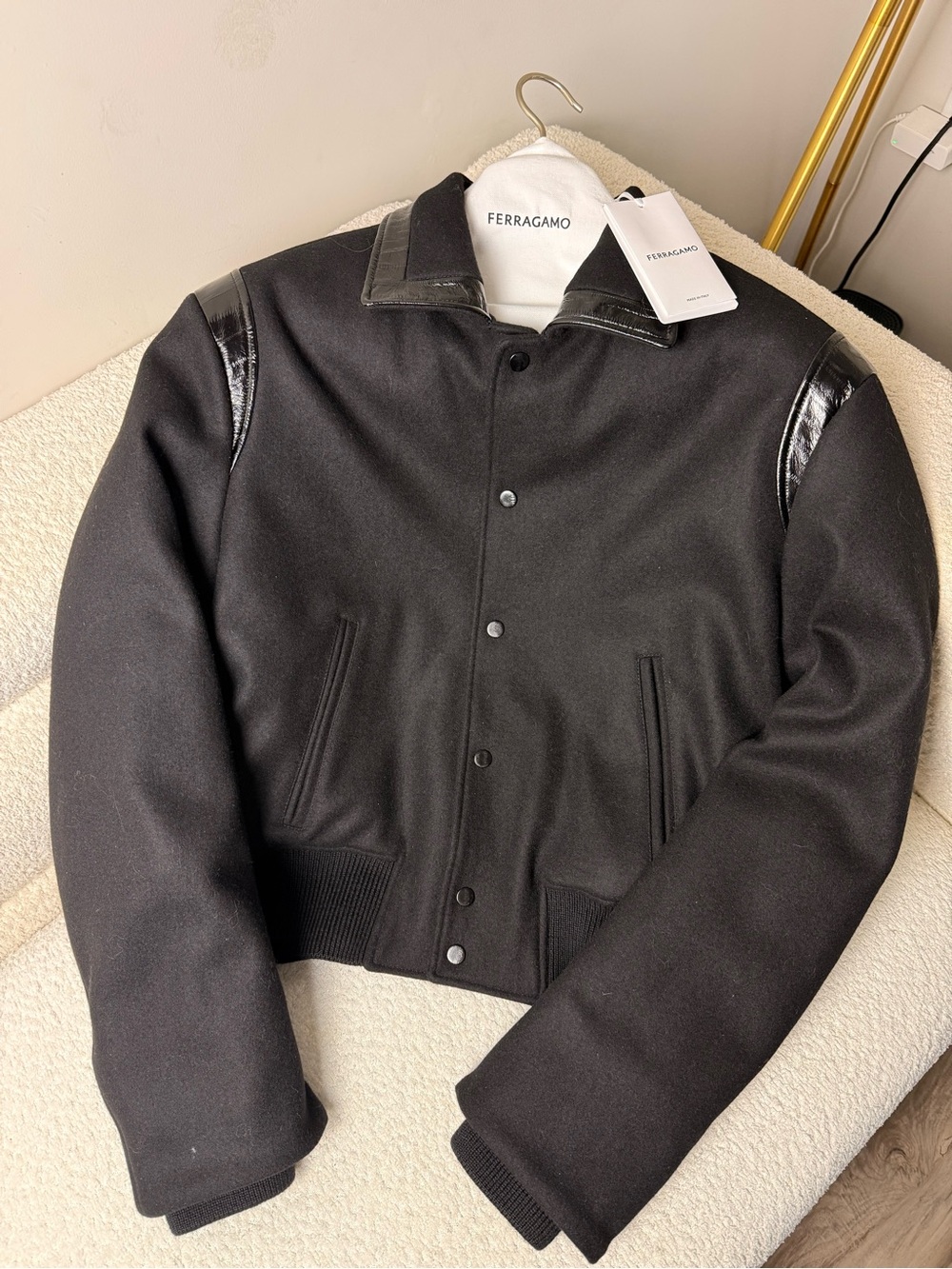 Ferragamo Mens Virgin Wool Bomber Jacket Black IT 52 Retail $3,500 STORE DISPLAY